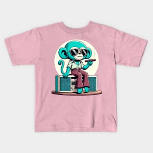 70s monkey smoking while sitting on vintage radio Kids T-Shirt